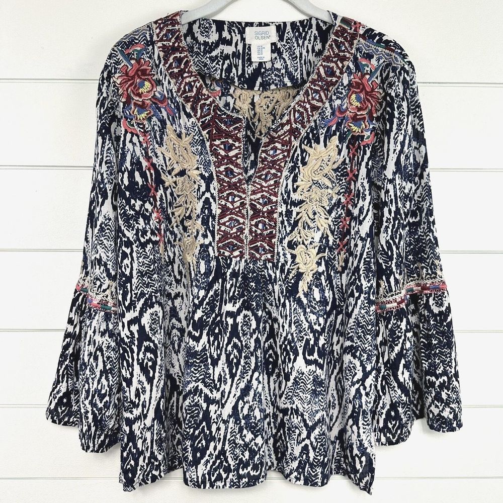 Sigrid Olsen Embroidered Blouse Womens M Lightweight 3/4 Bell Sleeve Floral